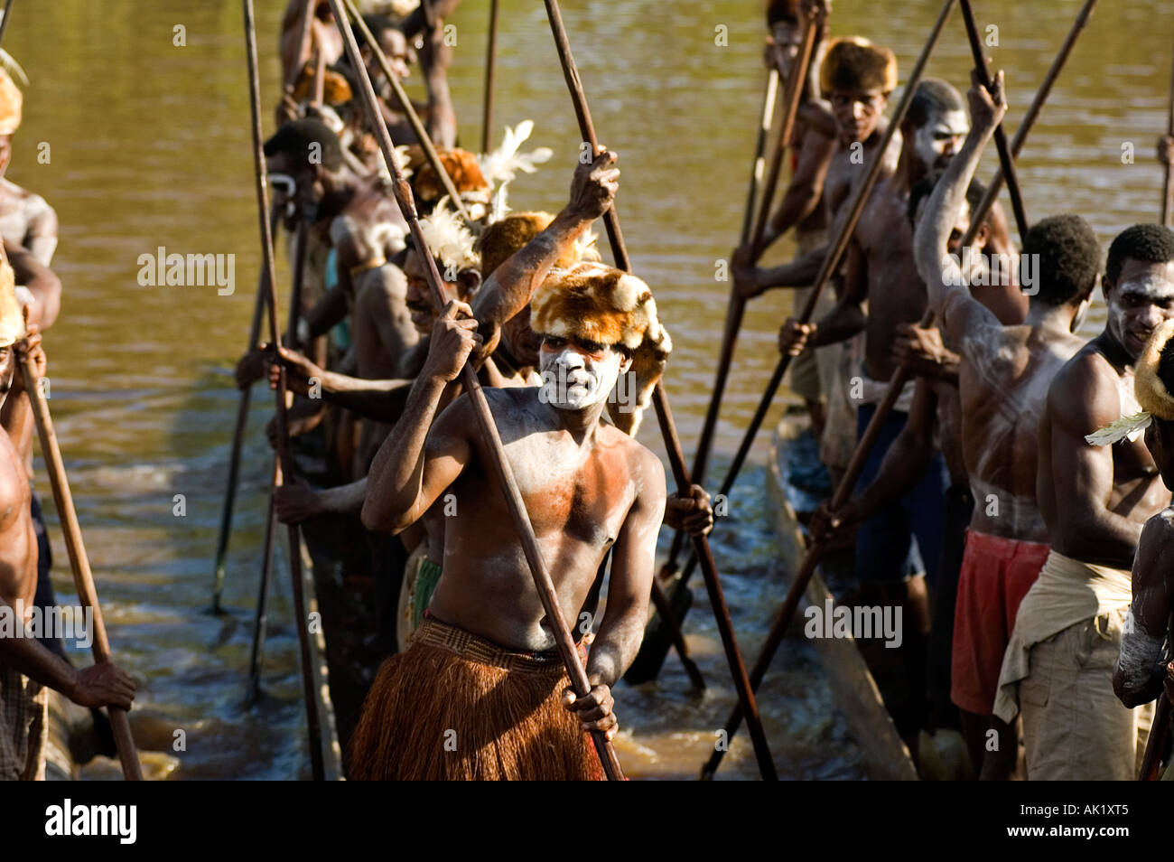 Canoe war ceremony of Asmat people, Irian Jaya Indonesia. Stock Photo