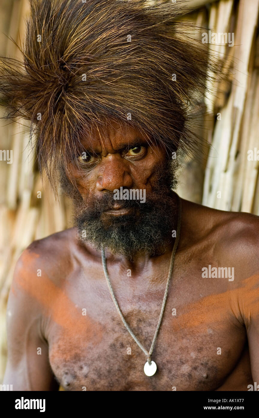 Portrait of an Asmat man, Irian Jaya Indonesia. Stock Photo