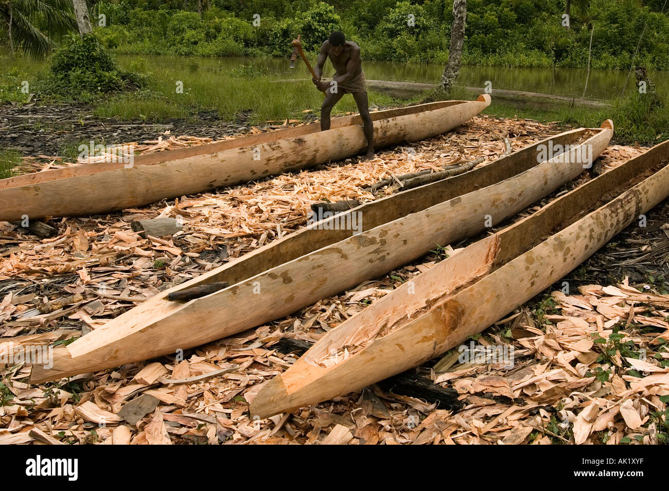 Asmat tribal man building dugout canoe, Irian Jaya, Indonesia. Stock Photo