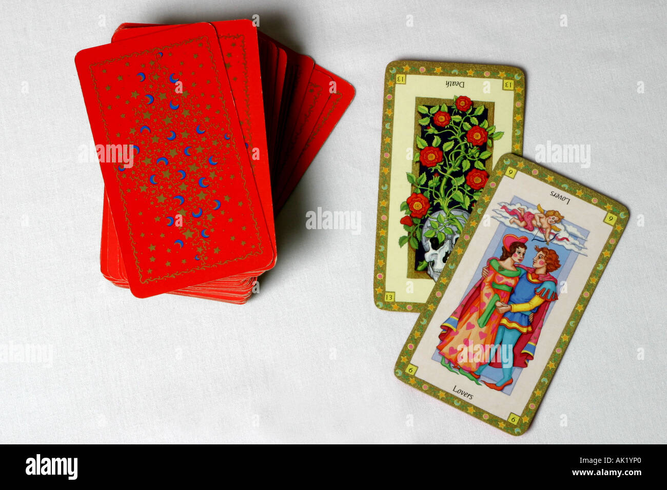 The Death card and the lovers card in a pack of Tarot. Stock Photo