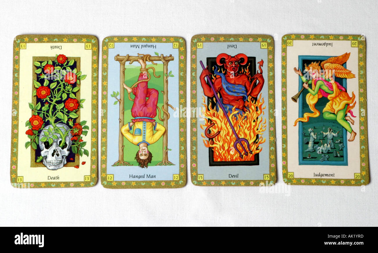 A spread of potential doom in a Tarot pack. Stock Photo