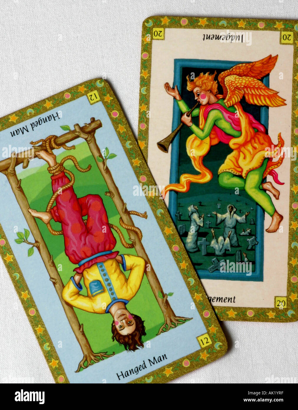 The hanged man and the judgement card in a Tarot pack. Stock Photo