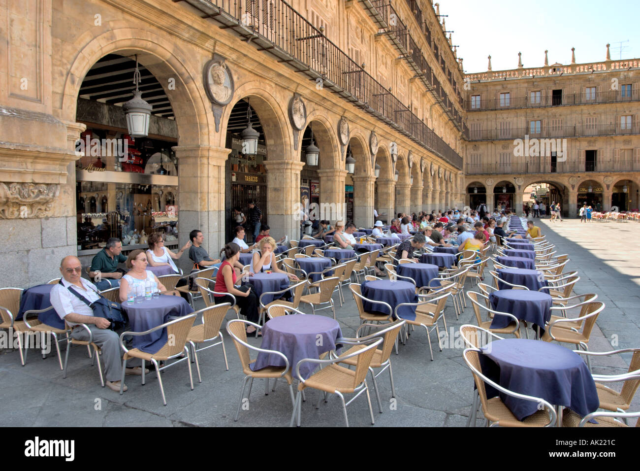 Sidewalk cafe in the Plaza Mayor, Salamanca, Castilla y Leon, Spain Stock Photo