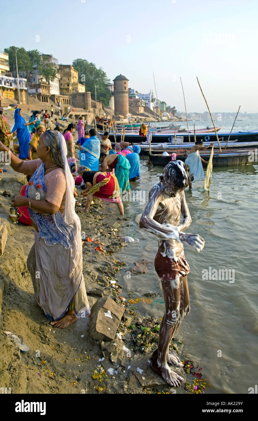 Boy Washing With Soap Assi Ghat Ganges River Varanasi India Stock