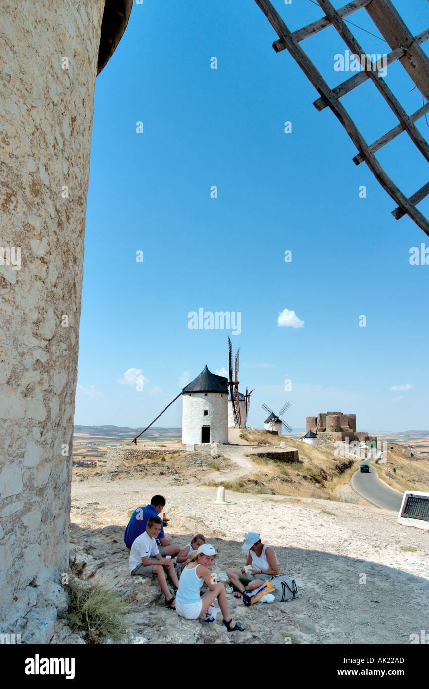 Don Quixote windmills. Famous windmills in Consuegra, Castilla-La-Mancha, Spain - setting for the novel El ingenioso Hidalgo don Quixote de la Mancha Stock Photo