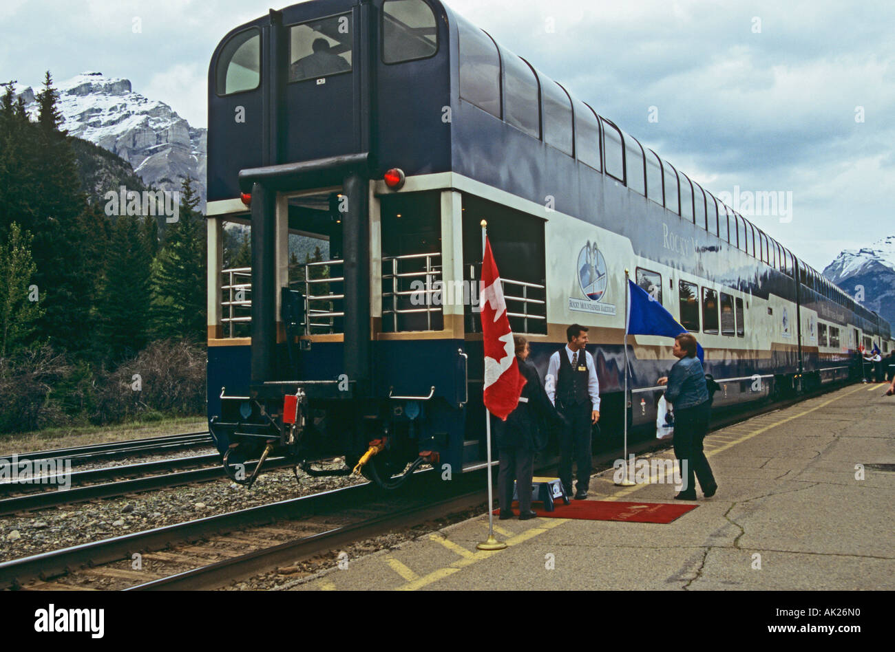 BANFF Alberta Canada JUNE The ROCKY MOUNTAINEER train stationary in Banff station Stock Photo