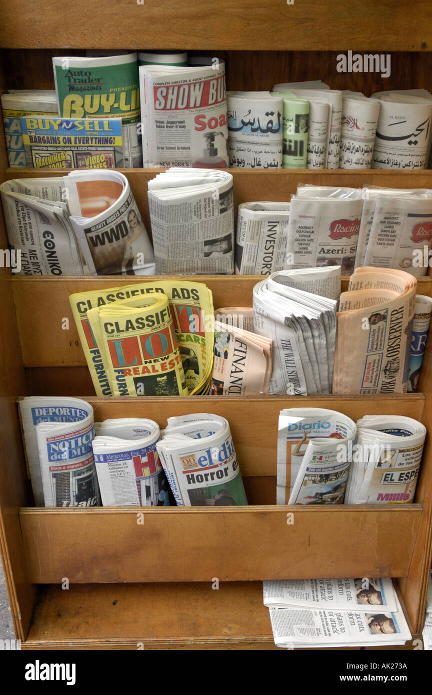 NY News stand News Newspaper kiosk vendor Newspapers vertical Stock