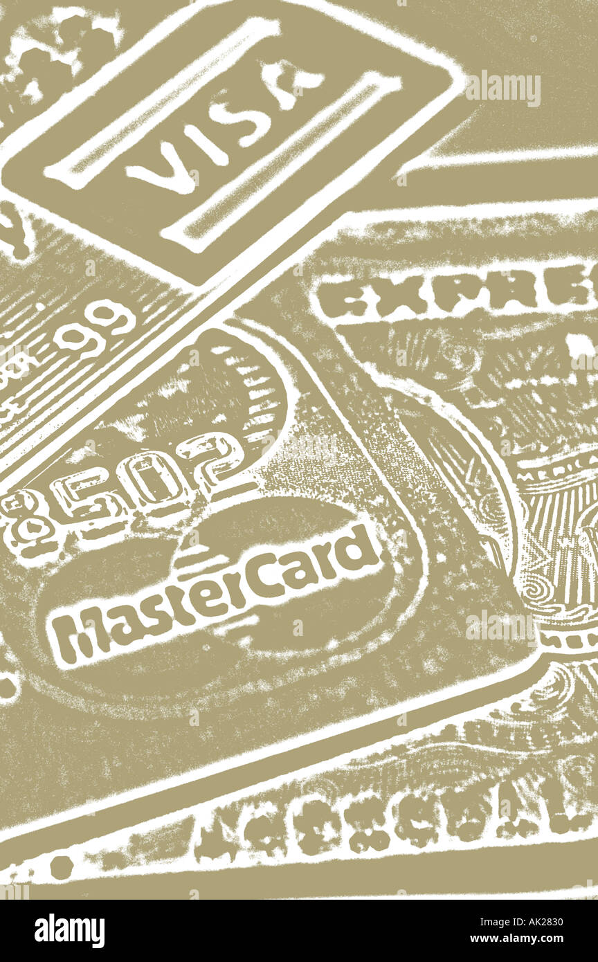 Visa Mastercard credit card American Express cards stacked partial overlapping Negative vertical Stock Photo