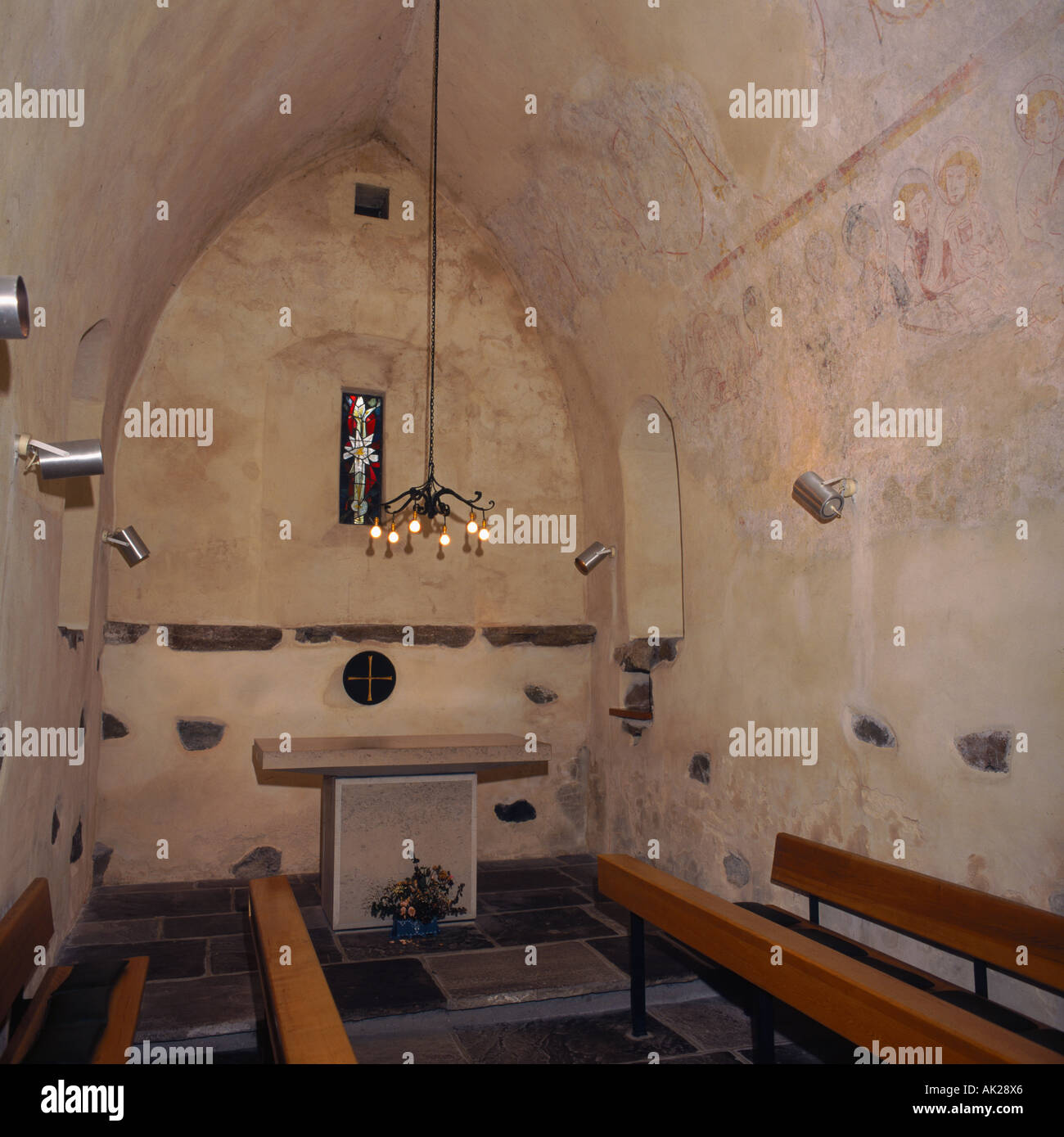 14th Century faded painting of the Last Supper in high arched interior