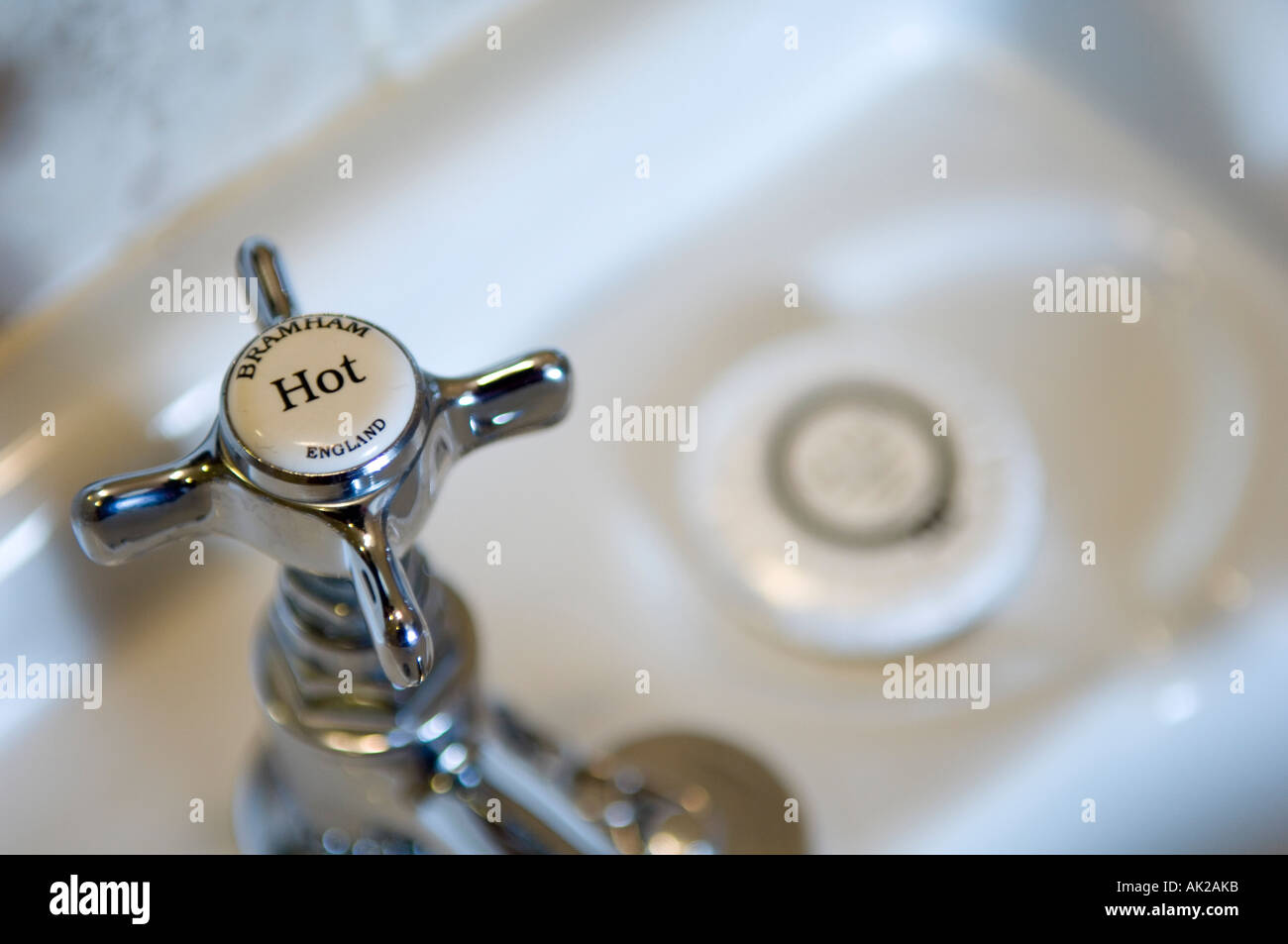 Close up of a traditional chrome hot water english tap, separate from