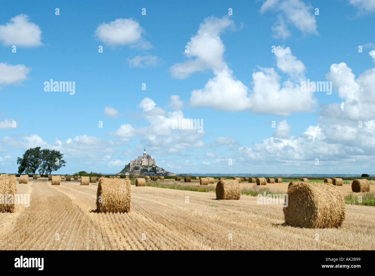View of Mont Saint-Michel across newly harvested fields, Normandy, France Stock Photo