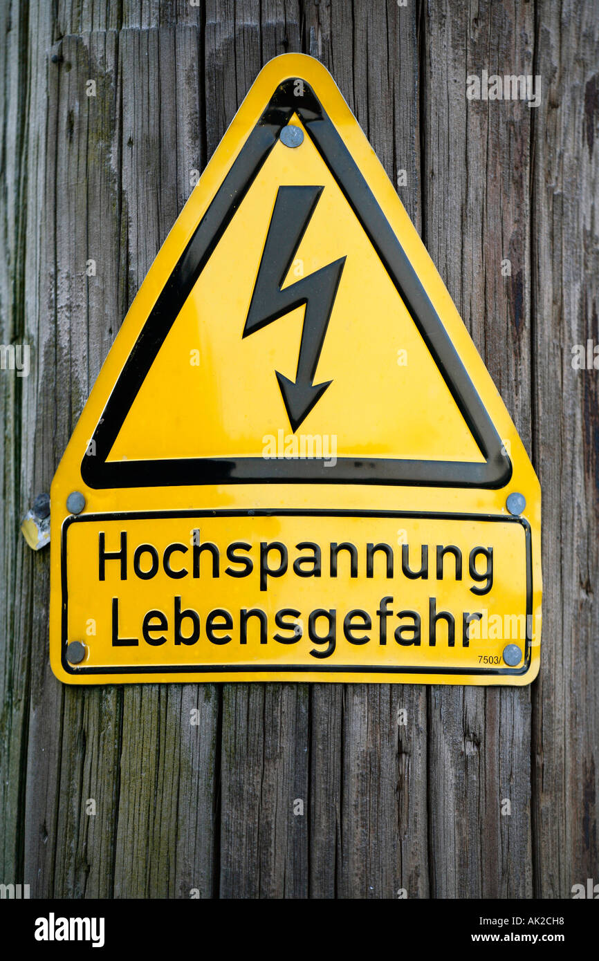 warning sign, high voltage, mortal danger Stock Photo
