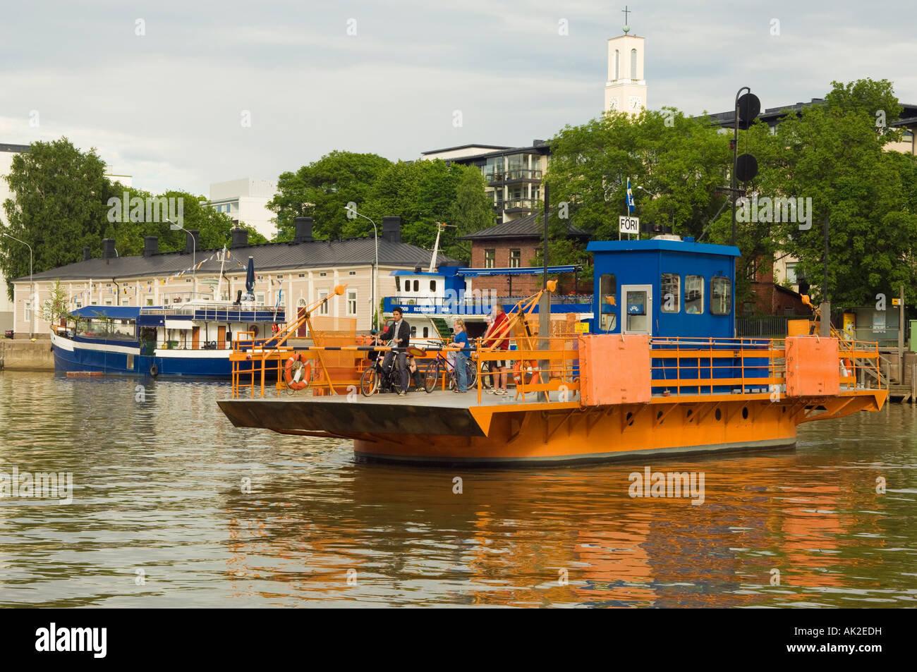 Foot and cycle ferry Föri that shuttles across the River Aura in Turku Swedish Åbo Finland Stock Photo