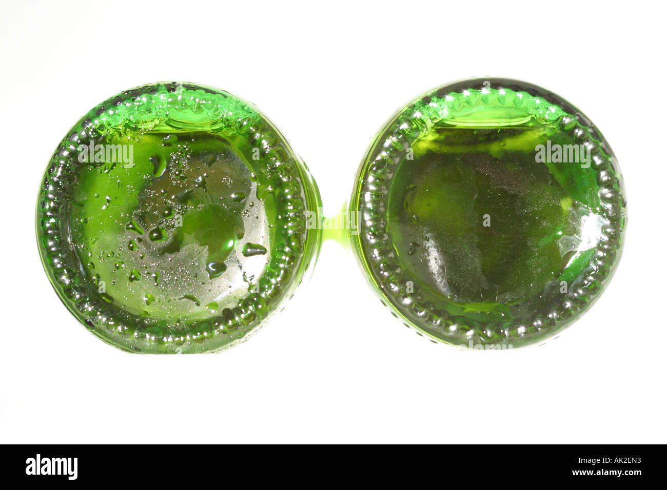 Two green glass beer bottles Stock Photo