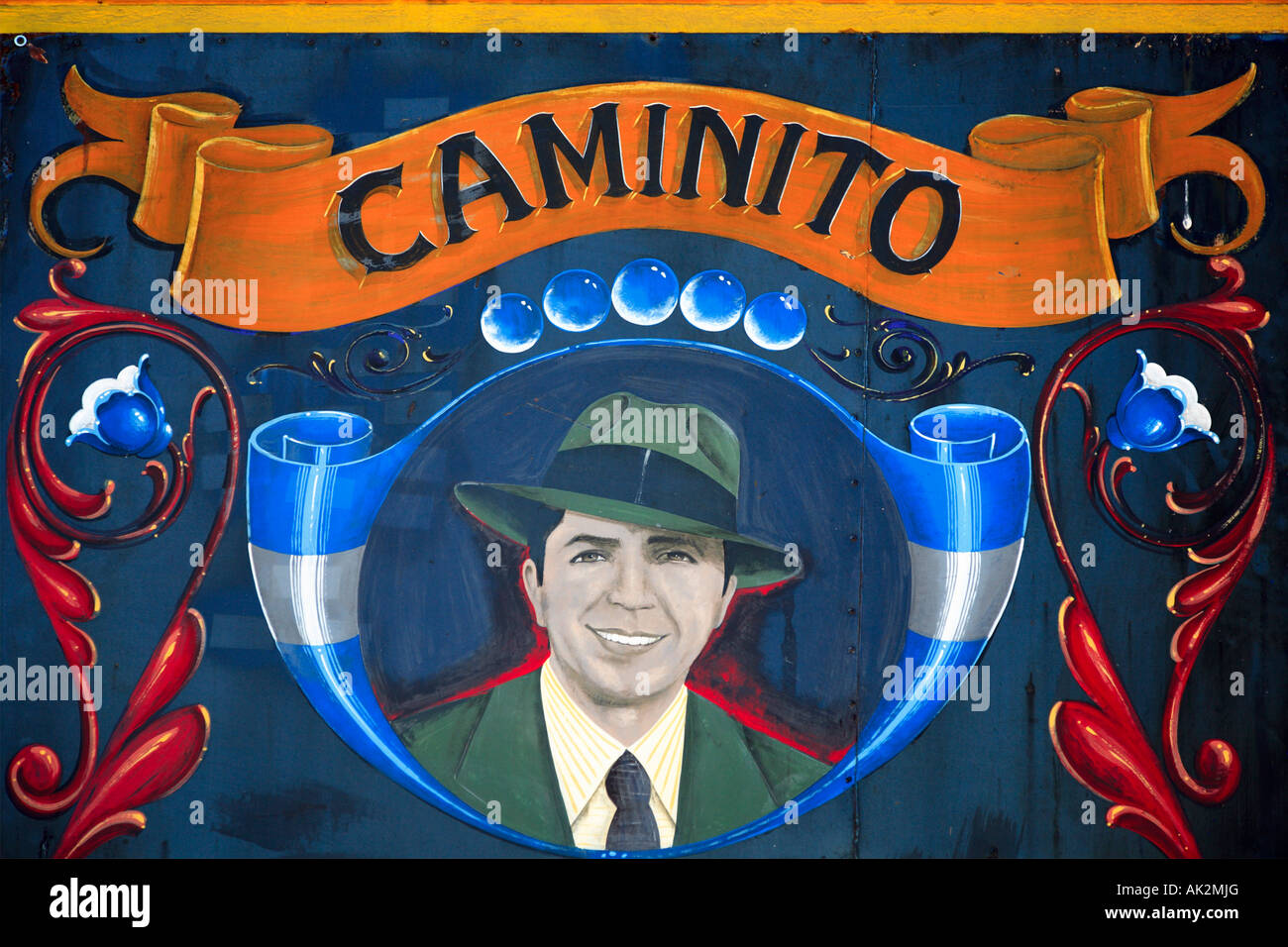 “Carlos Gardel” detail view at lettering with “filete porteño” style, “La Boca” Town, Buenos Aires, Argentina. Stock Photo