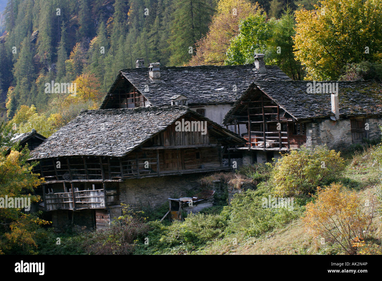 Typical walser house in Alpenzu village, Val Gressoney, Valle d'Aosta. Stock Photo
