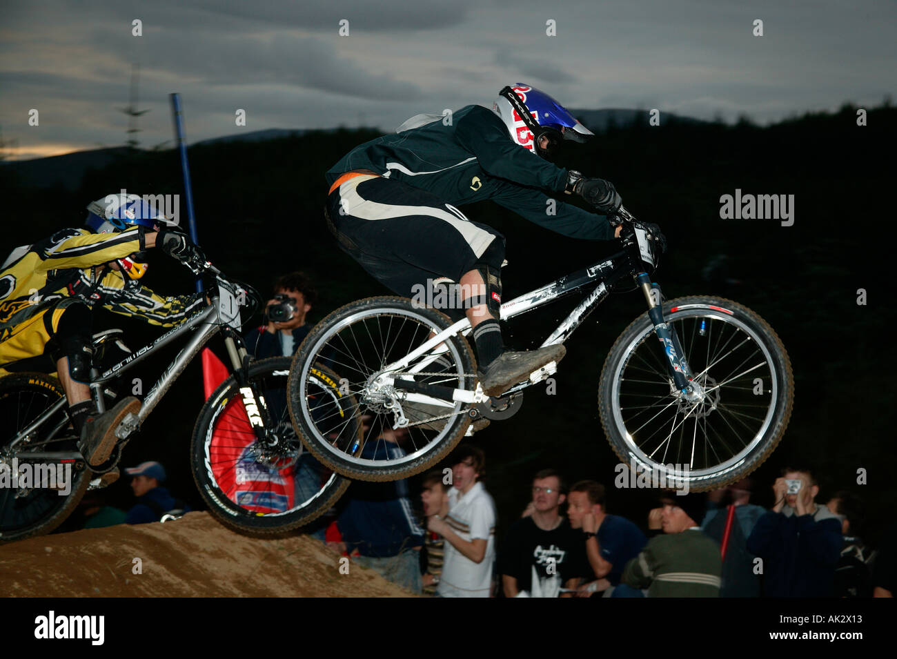 Mountain Bike rider competing in World Cup race in Fort William Scotland Stock Photo