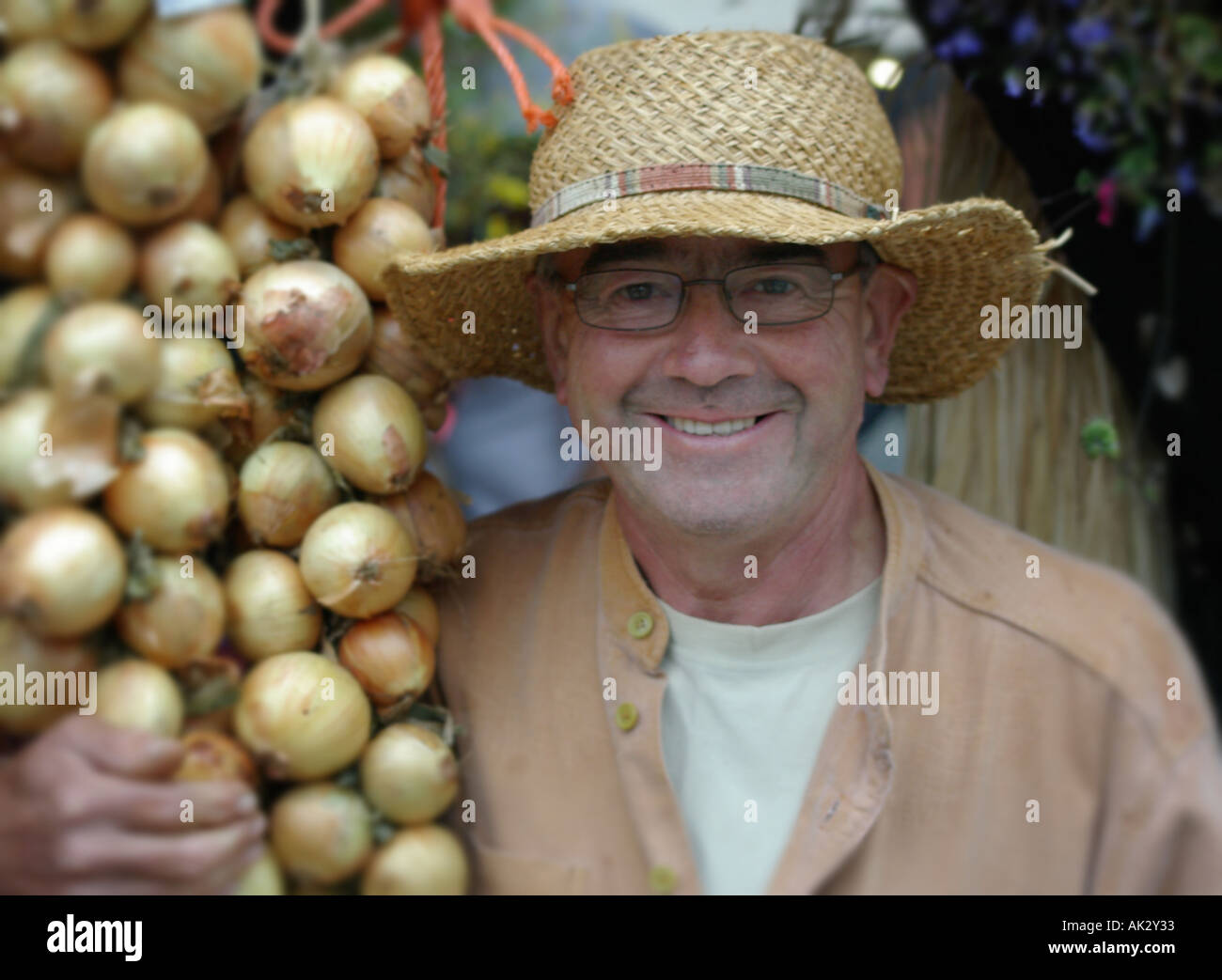 Onion Seller at Newent Onion Fair/ Fayre Glos, Gloucestershire, UK