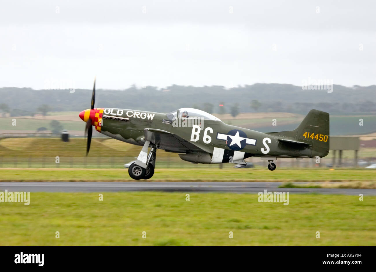 North American P 51D Mustang Old Crow lifting off on take off run Stock Photo