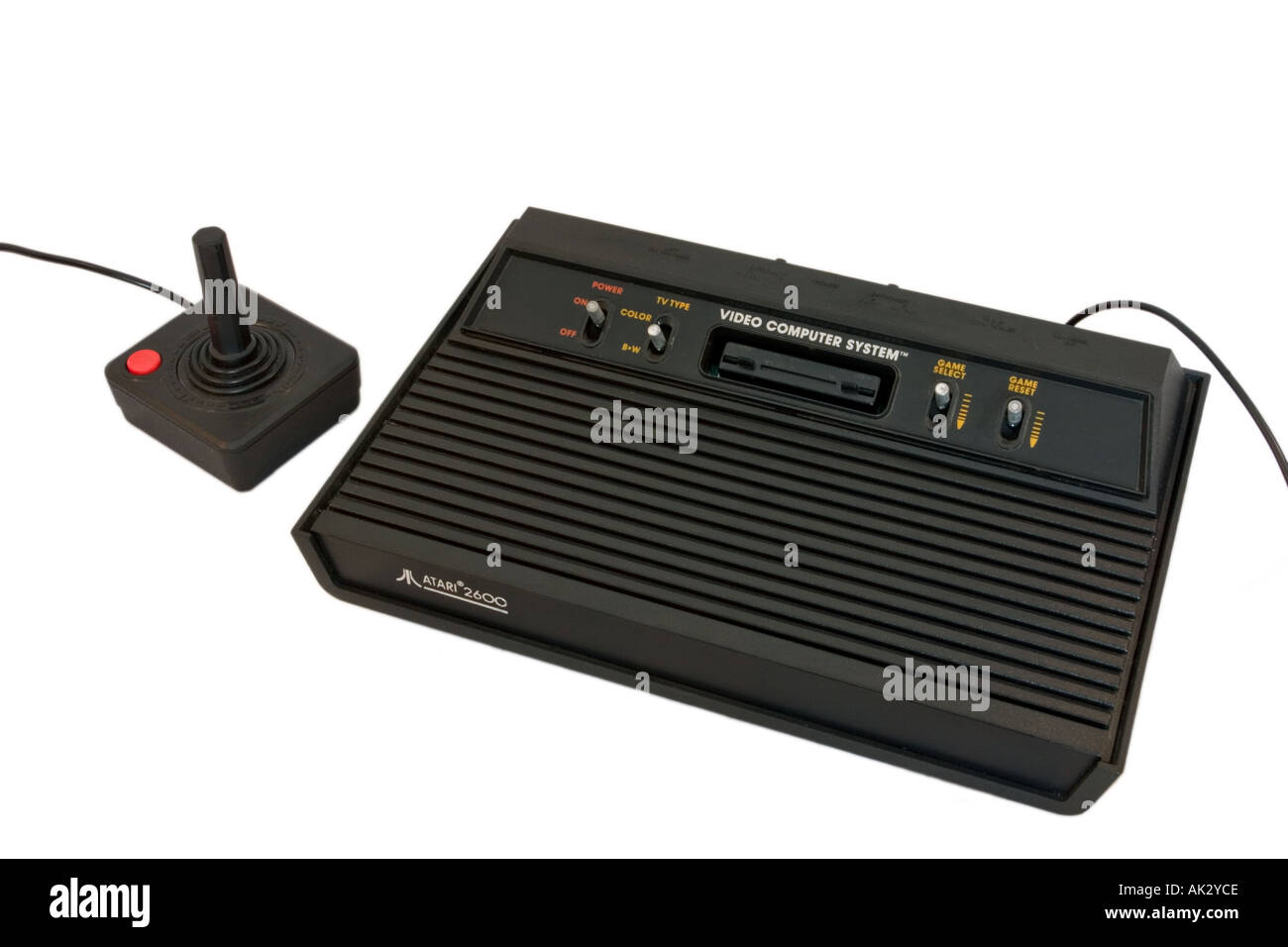 Original model Atari VCS 2600 Video Computer System games console plus original black joystick with bright red button Stock Photo