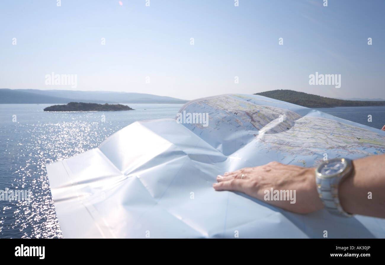 Open map on ferry to Hvar from Split Croatia Stock Photo