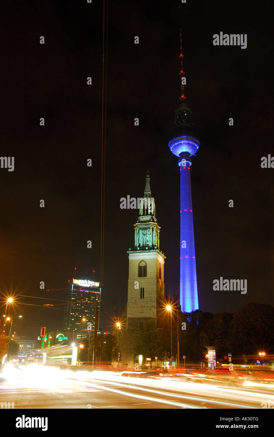 Alexanderplatz Television Tower, traffic at night, Berlin Stock Photo