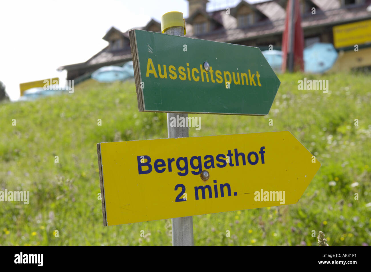 path pathway field green sunny summer berggasthof aussichtspunkt trail sign signpost green yellow nature natural rural coutnrysi Stock Photo