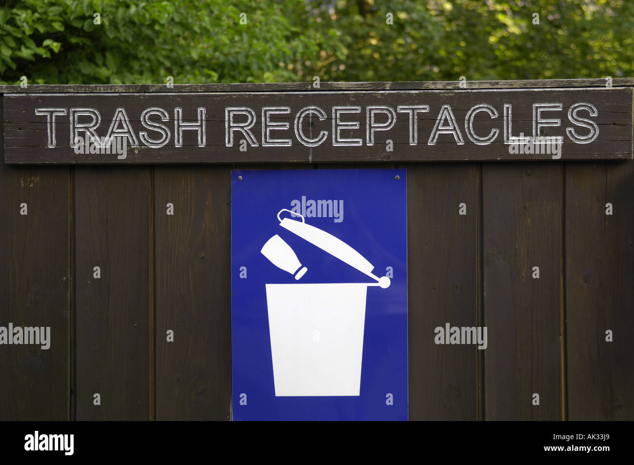 trash receptacles regulations rules american base wood wooden sign notice american base garmisch partenkirchen bavaria alps ger Stock Photo