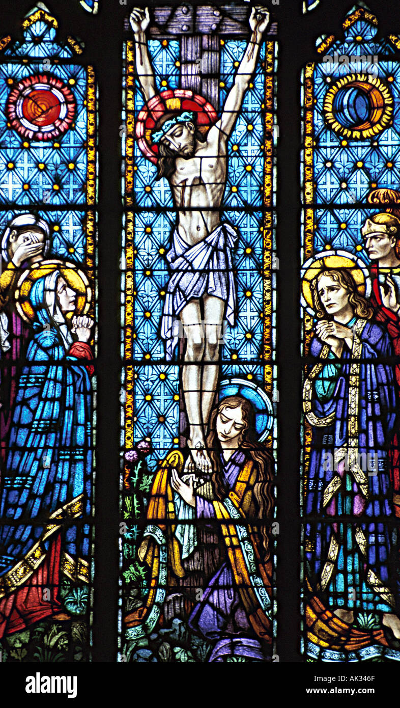 Stained Glass Window Depiction Of Jesus On The Cross Stock Photo - Alamy