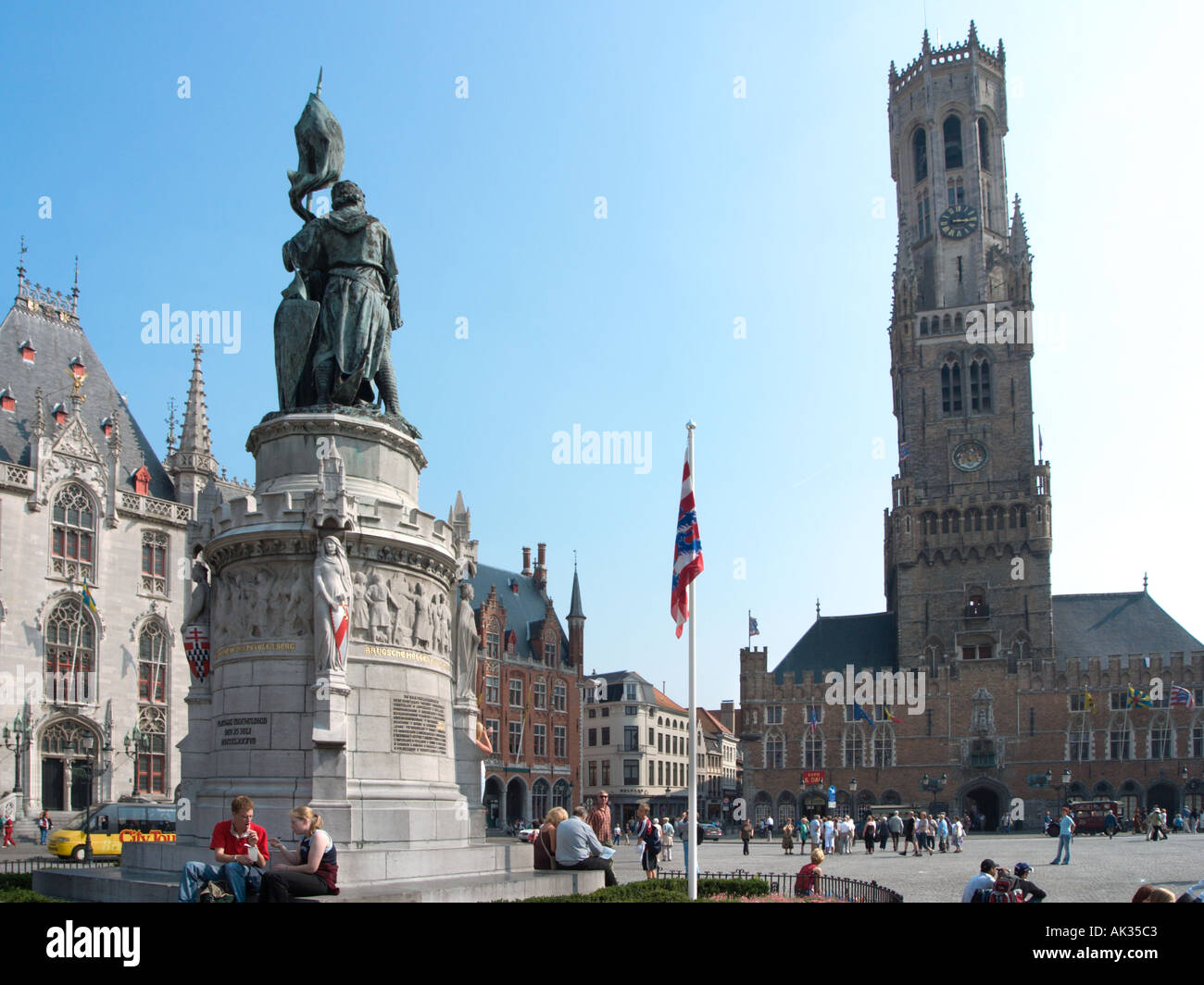 The Belfry and statue in the Markt (Main Square), Bruges (Brugge), Belgium Stock Photo