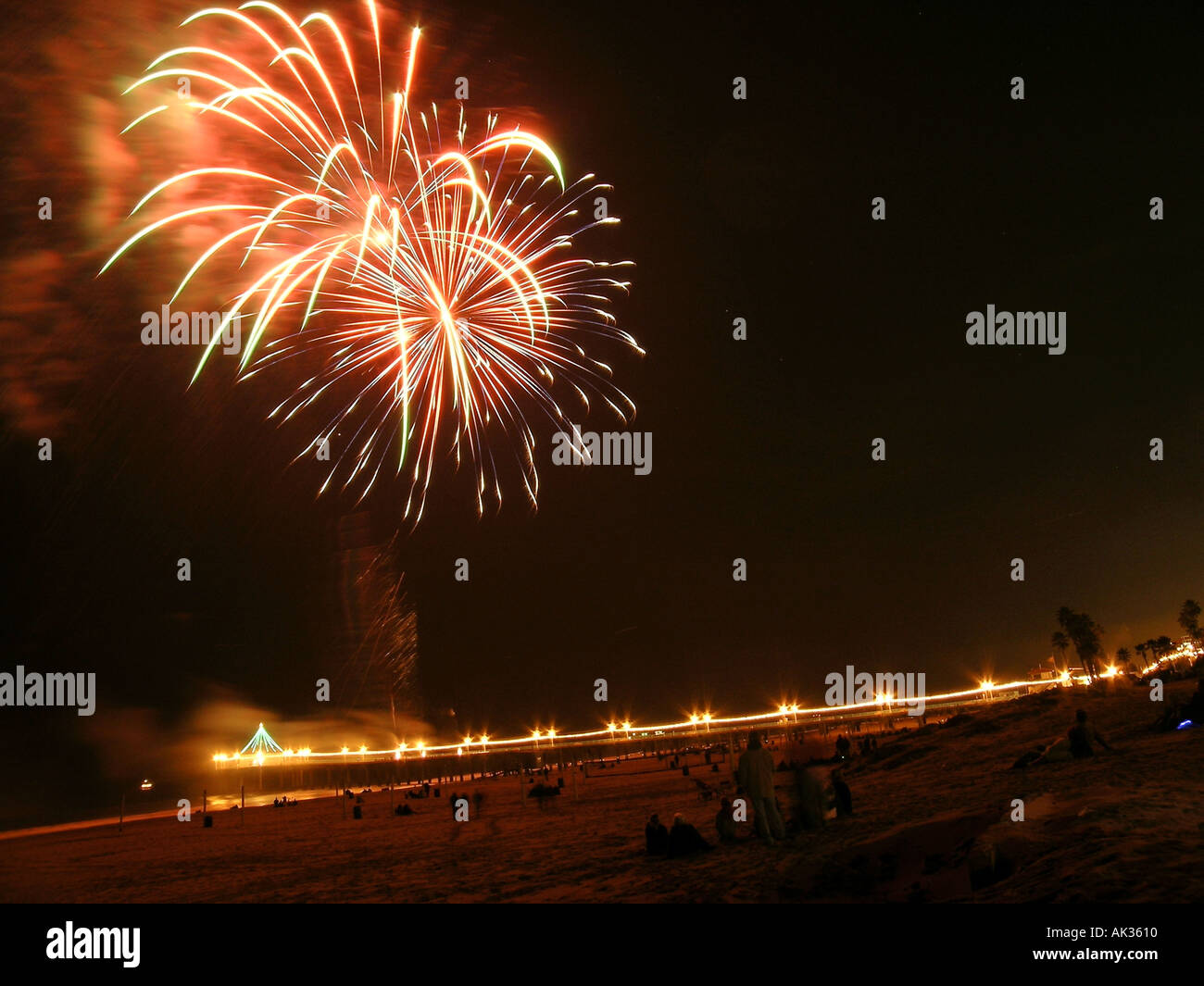 Fireworks display over the pier in Manhattan Beach California USA Stock Photo