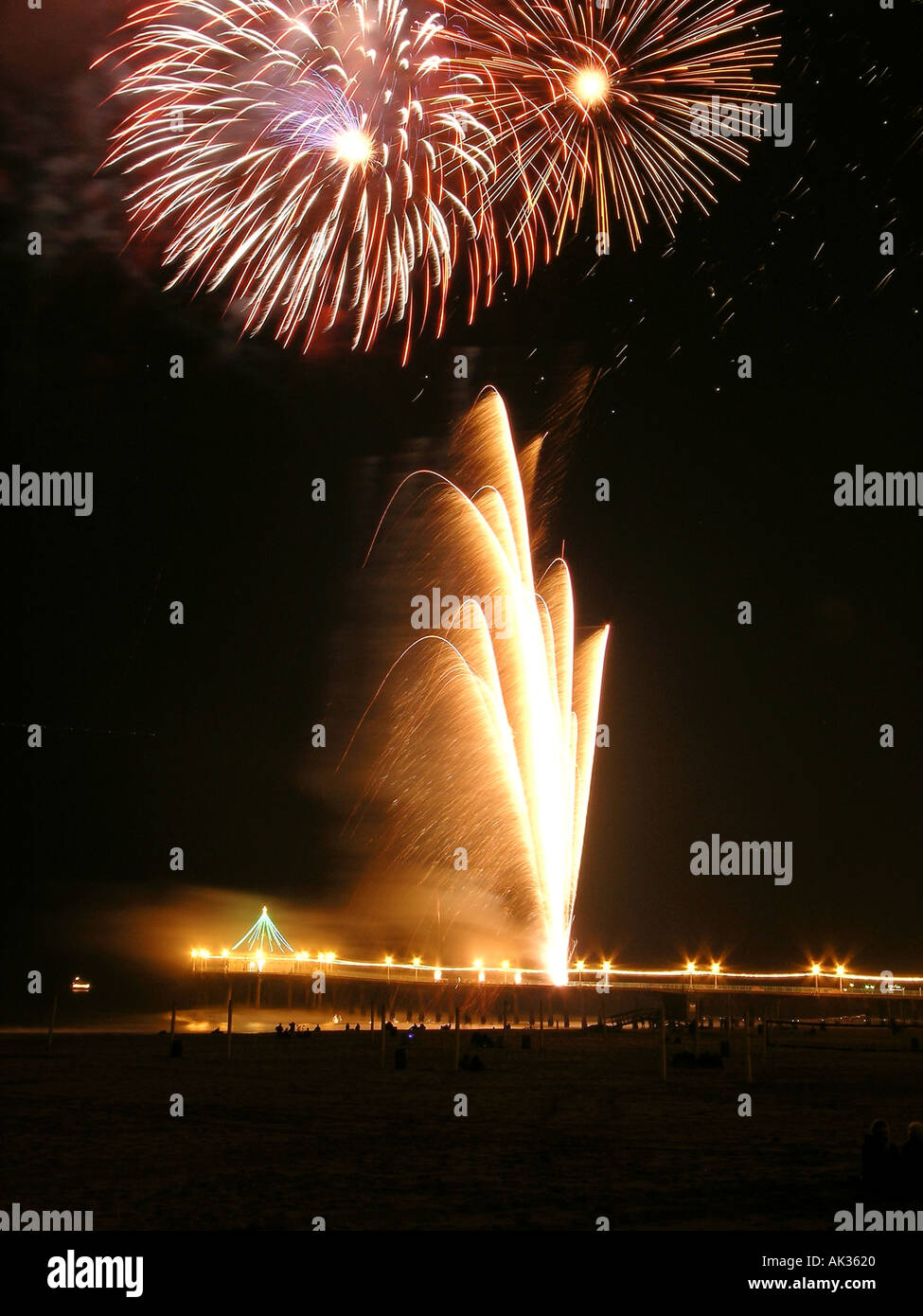 Fireworks display over the pier in Manhattan Beach California USA Stock Photo