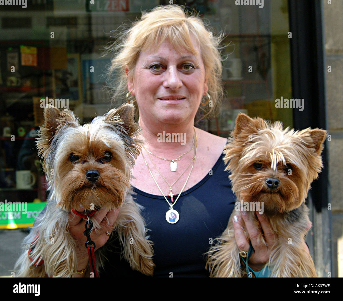 Portrait of a woman with her two terrier dogs. Czech Republic Stock Photo