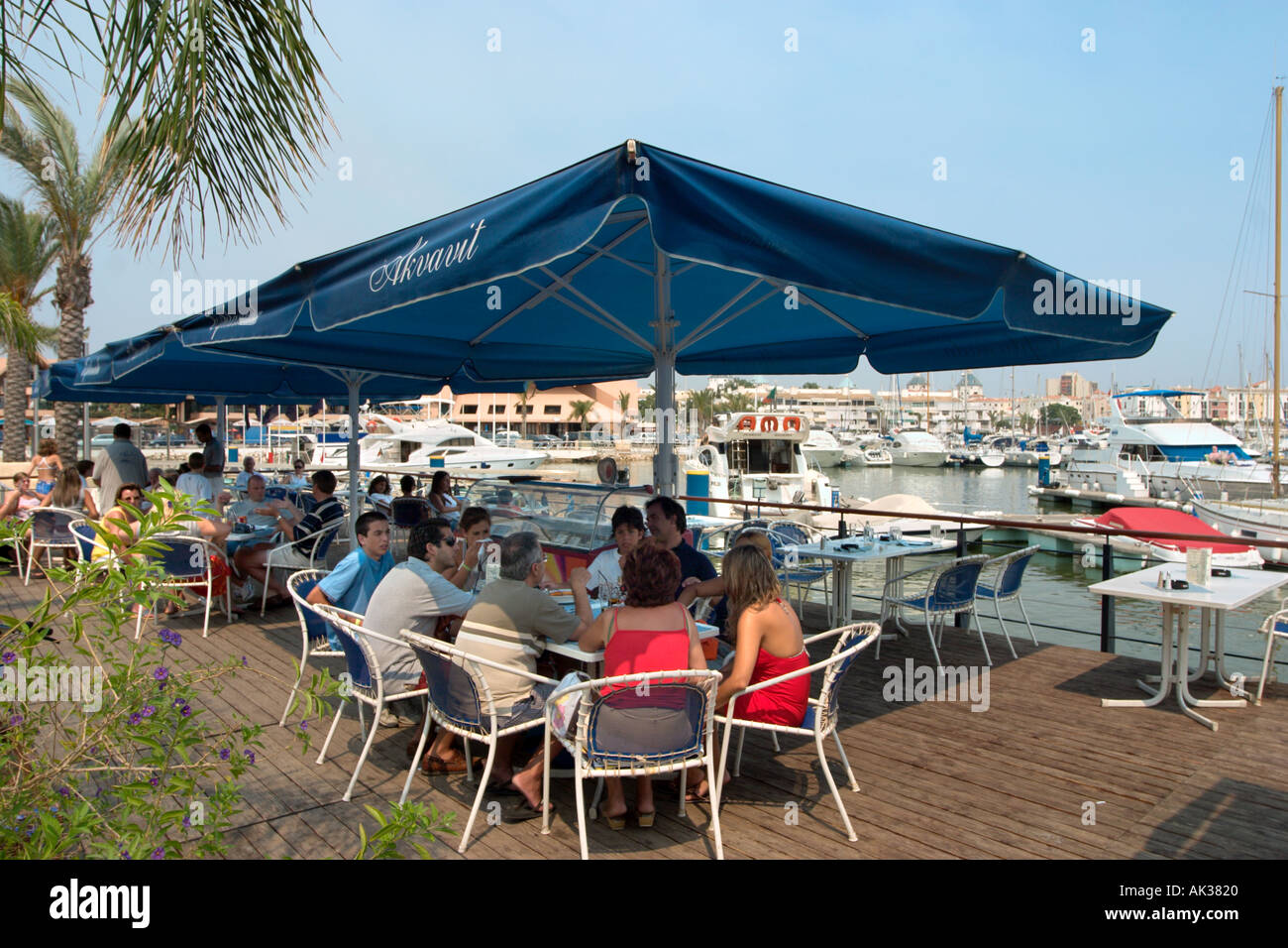 Waterfront cafe in the Marina, Vilamoura, Algarve, Portugal Stock Photo