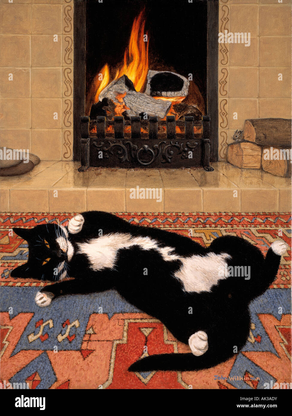 Illustration, Animal, Cat, Fireside, Stock Photo