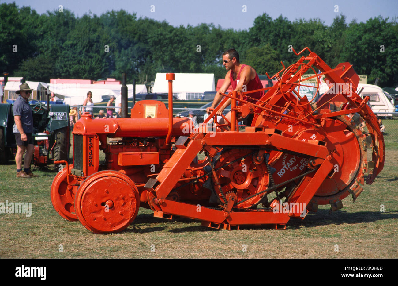 Vintage Fordson Tractor with unusual track laying wheel arrangement Trenching attachment attached to rear Stock Photo