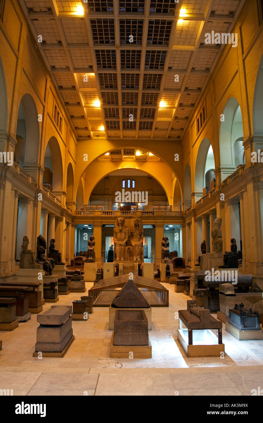 Interior hall containing ancient sculptures statues and tombs The Egyptian Museum Cairo Egypt Africa Stock Photo