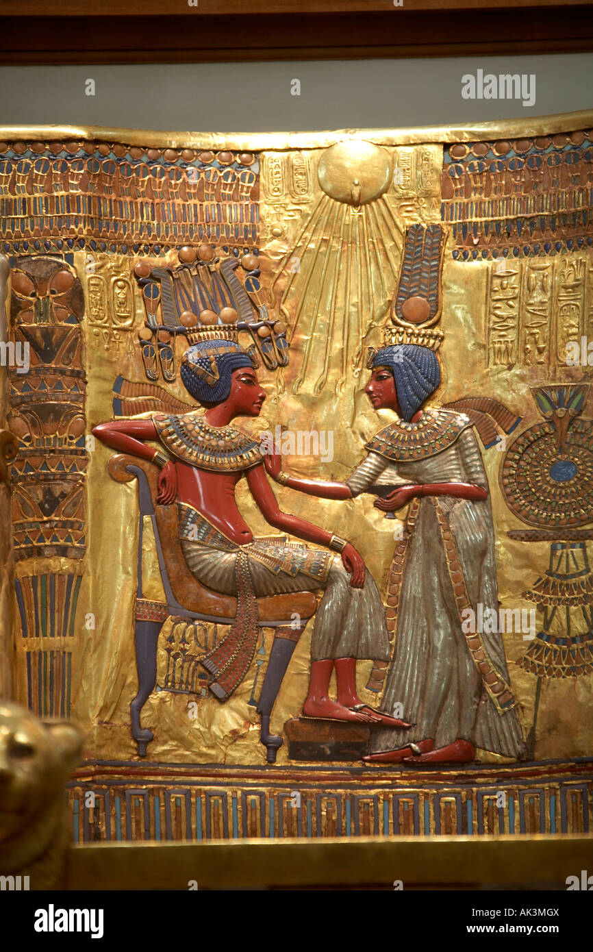 Detail of Ancient Egyptian elaborately carved chair The Egyptian Museum Cairo Egypt Africa Stock Photo