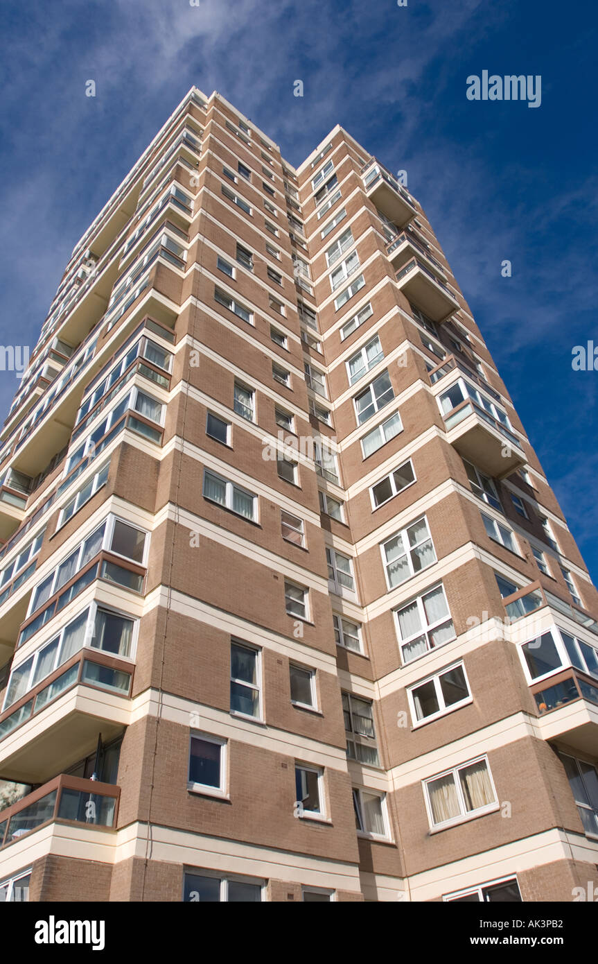 Multi story block of flats with wide angle ground view Stock Photo