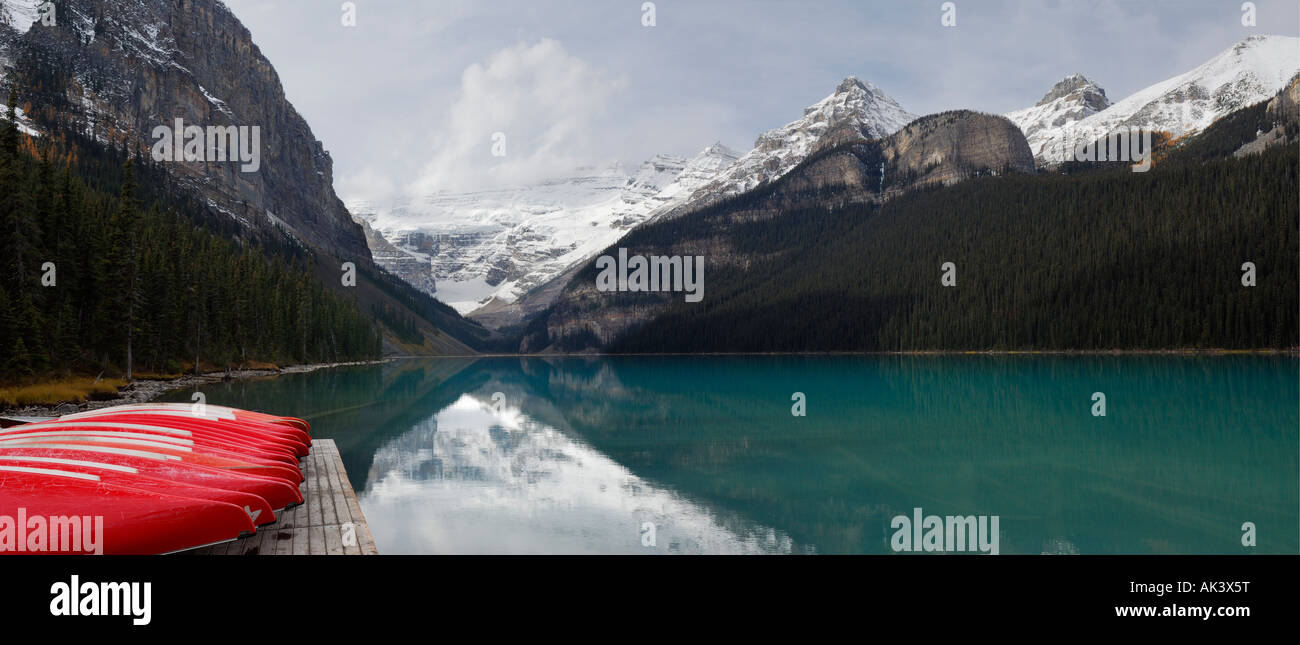Panorama with red canoes at Lake Louise Banff National Park Alberta Stock Photo