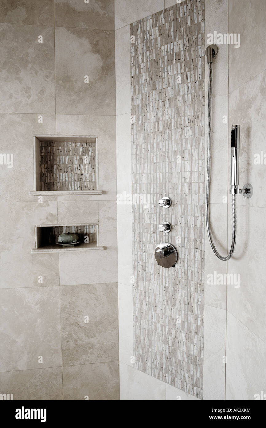 Tiled Shower and Shower Head Stock Photo Alamy