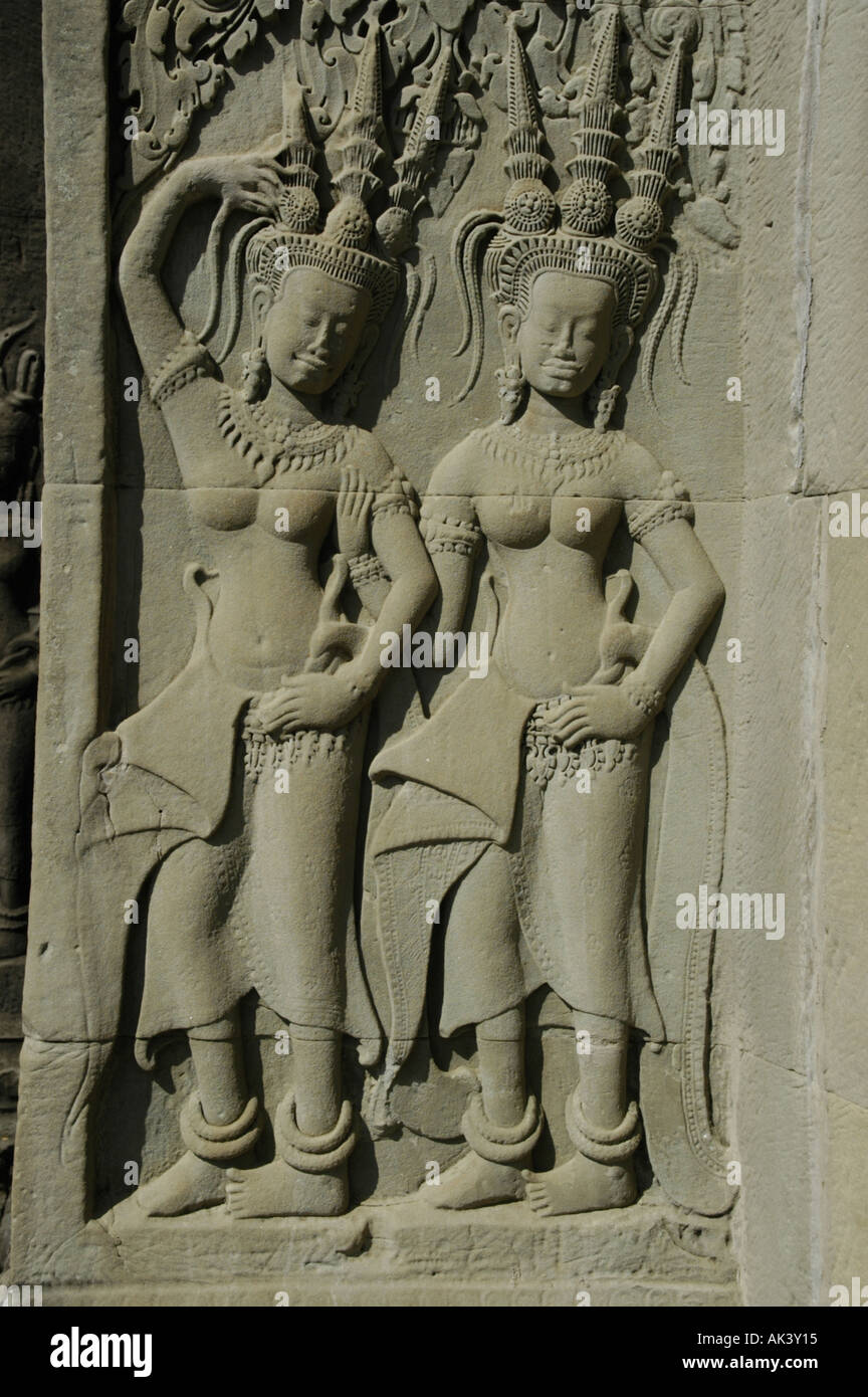 Stone relief of fine arts showing charming apsera temple dancers temple Angkor Wat Siem Reap Cambodia Stock Photo