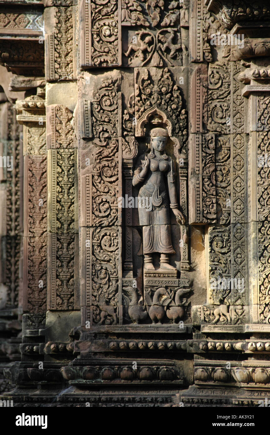 Stone relief of fine arts showing an apsera temple dancer temple Branteay Srei Angkor Siem Reap Cambodia Stock Photo