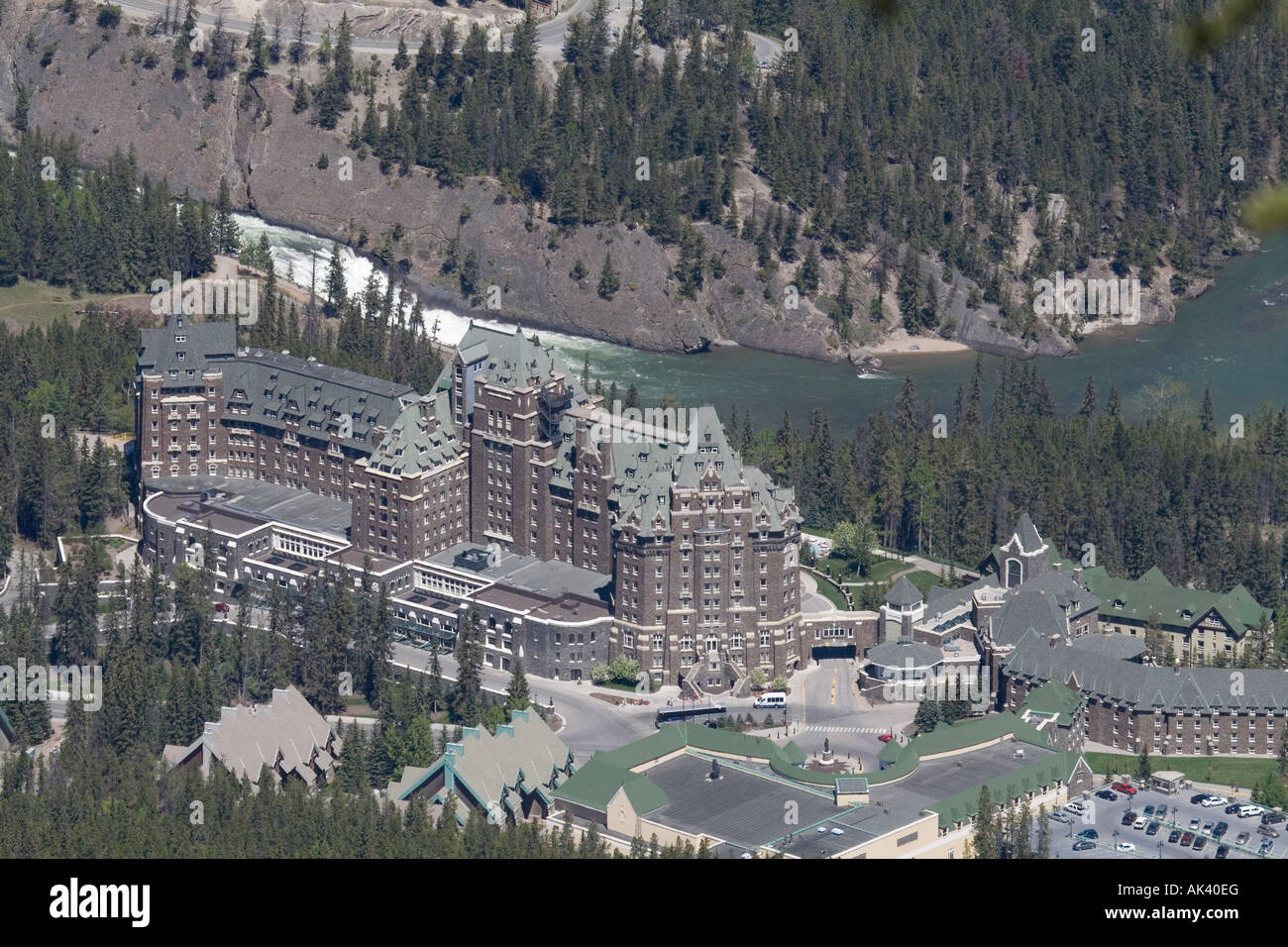 Banff Springs Hotel and Bow Falls from Sulphur Mountain, Banff, Alberta