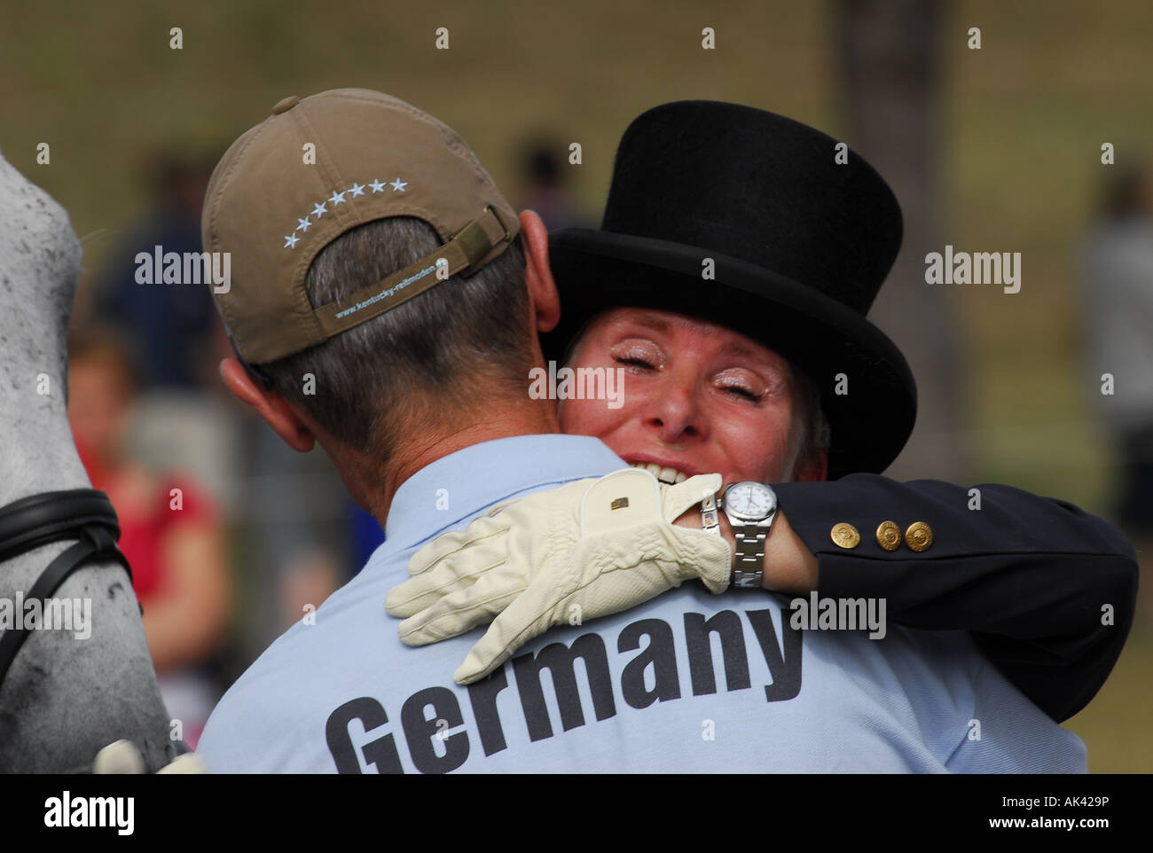 Betina Hoy Celebrating after completing the Dressage test at the 2007 European Eventing Championships in Pratoni , Italy Stock Photo