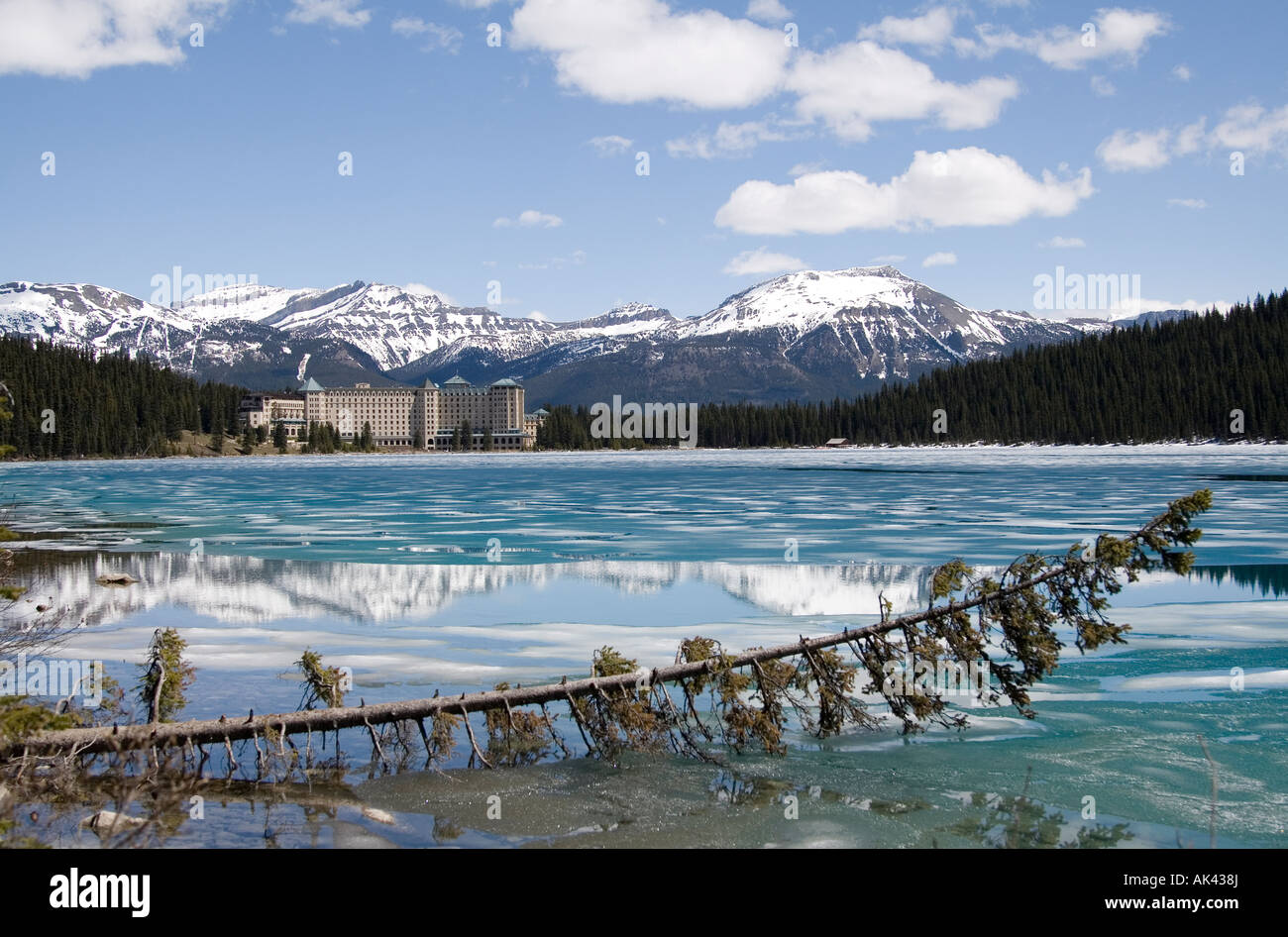 Chateau Lake Louise dominates the north-eastern end of a frozen Lake ...