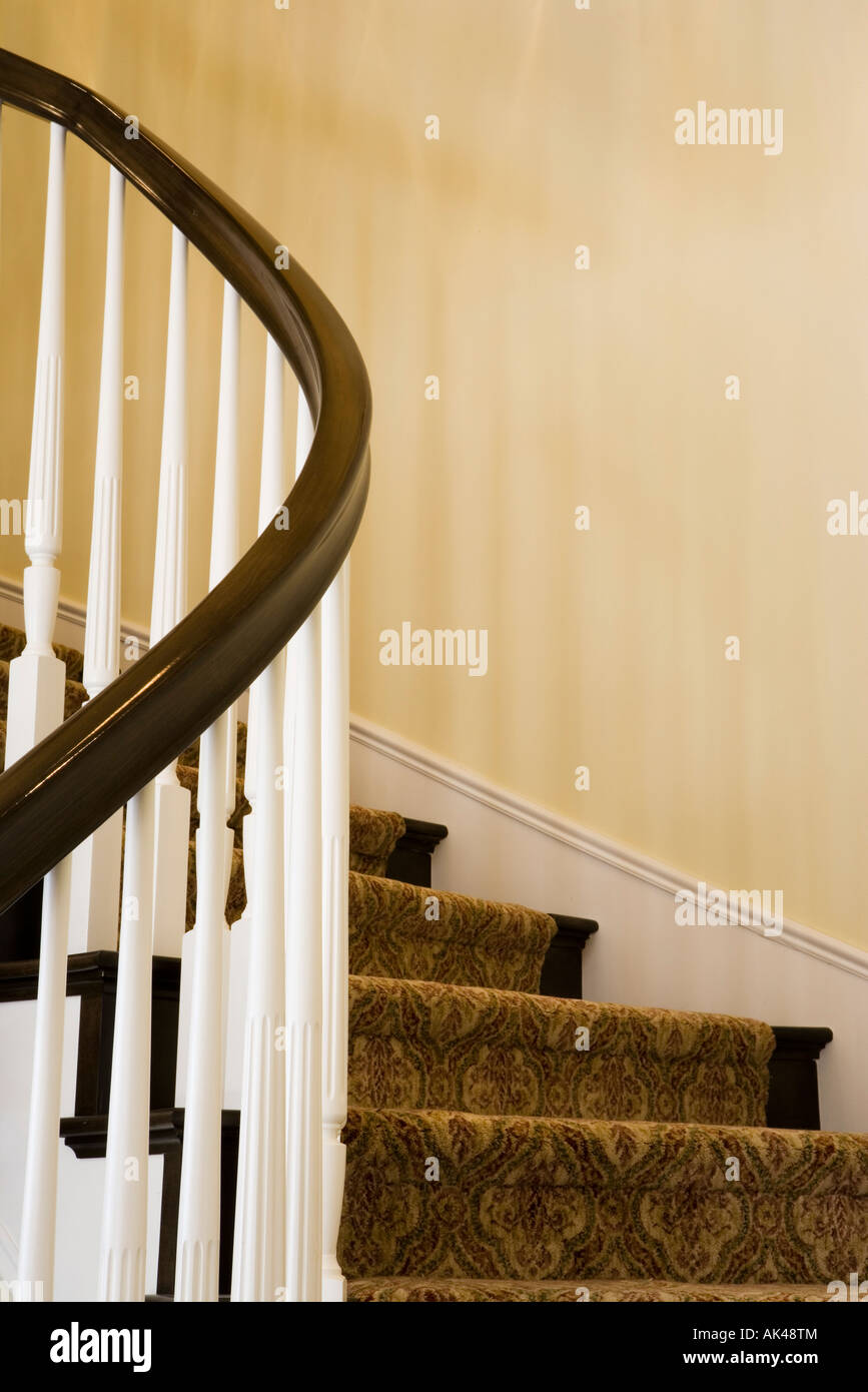 Contemporary Stairway with White Railings and Dark Wood Bannister Stock