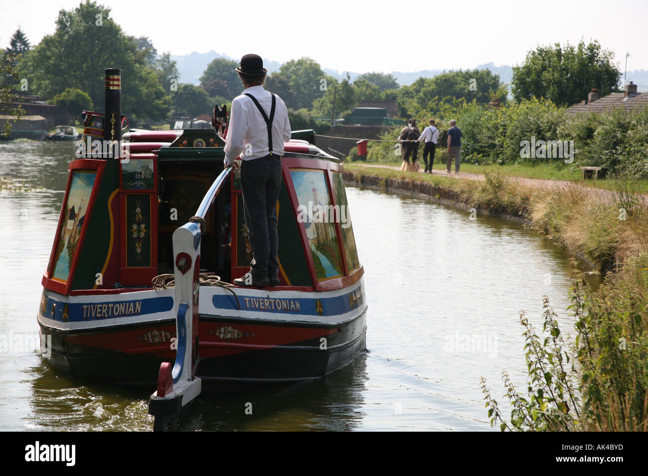 Shire horse pulling barge on the Grand Western Canal, Tiverton Devon