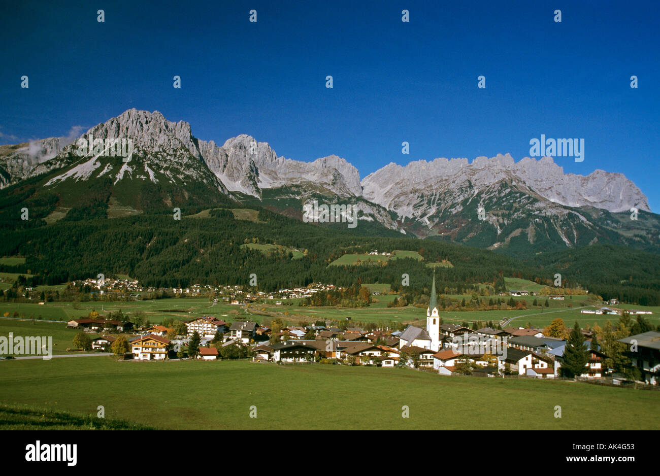 village of Ellmau and the mountain range of the Wilder Kaiser Tyrol ...