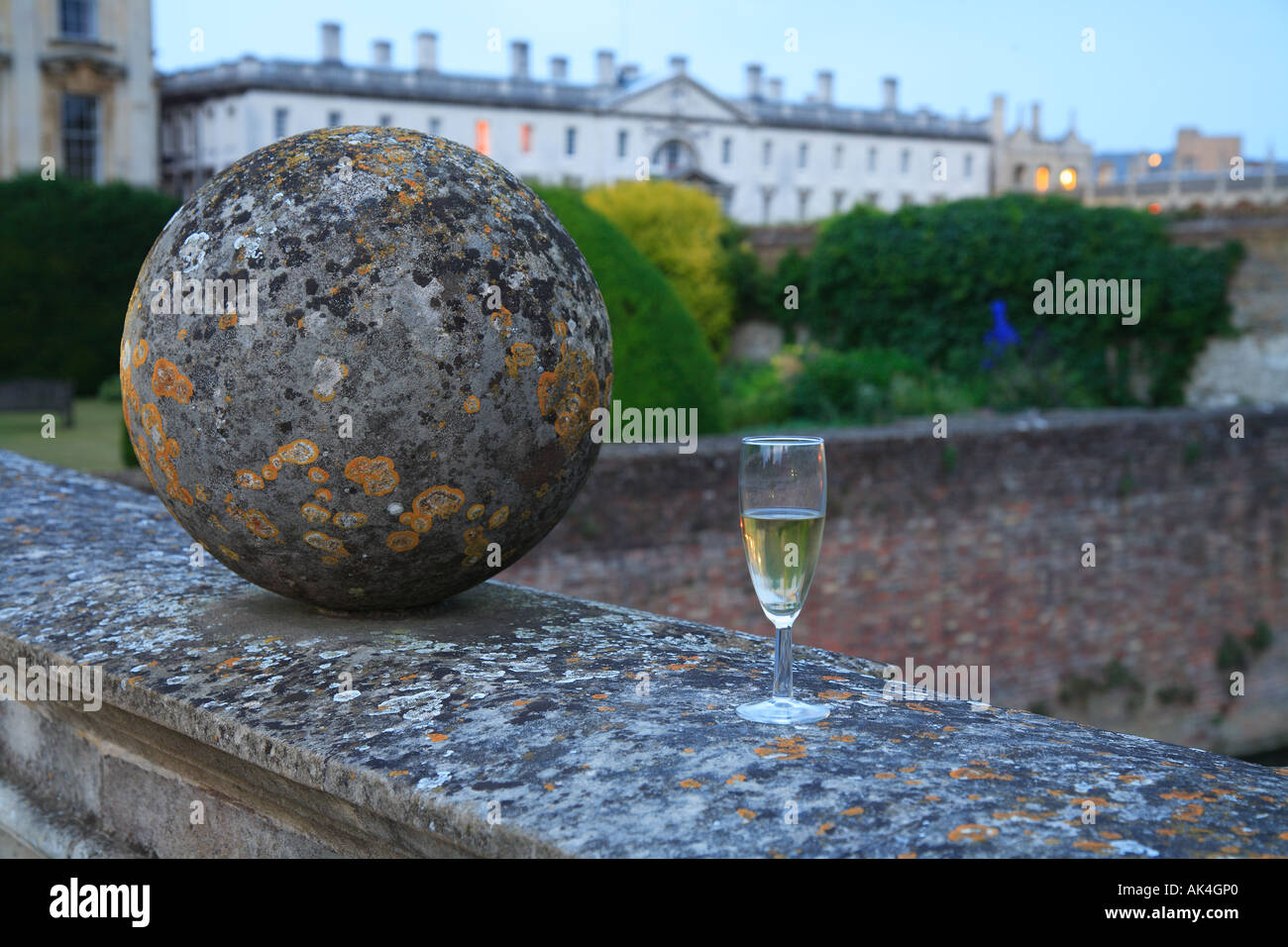 Wine glass on Clare College bridge, left behind after college Ball Stock Photo
